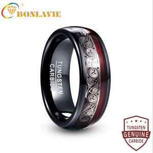 8mm Wide Tungsten Triple Spiral Inlay Ring+Red Guitar String T229R