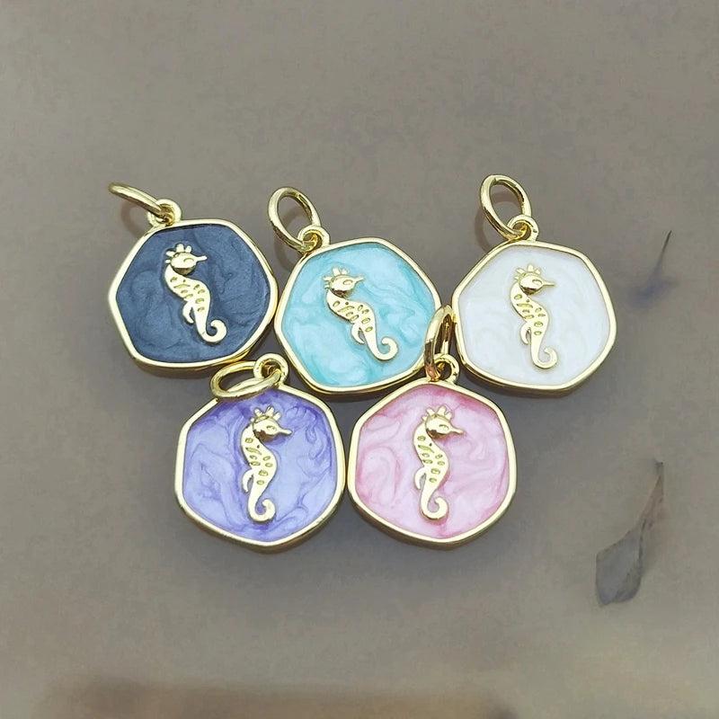 5pcs Plated Sea Horse Pendant Pink Purple Drop Oil Making Necklace