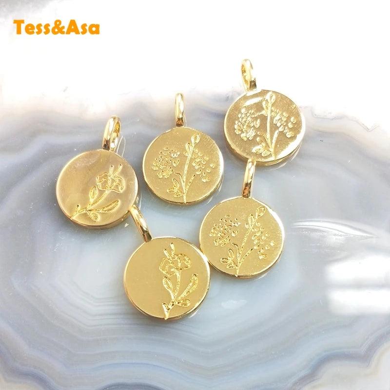 5pcs Simple Round Tree Flower Pendant Plated Plant Pattern Charms for Necklace
