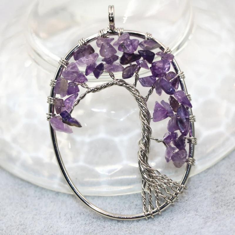 Natural Purple Crystal Gravel Oval Pendant Silver Women Party Jewelry