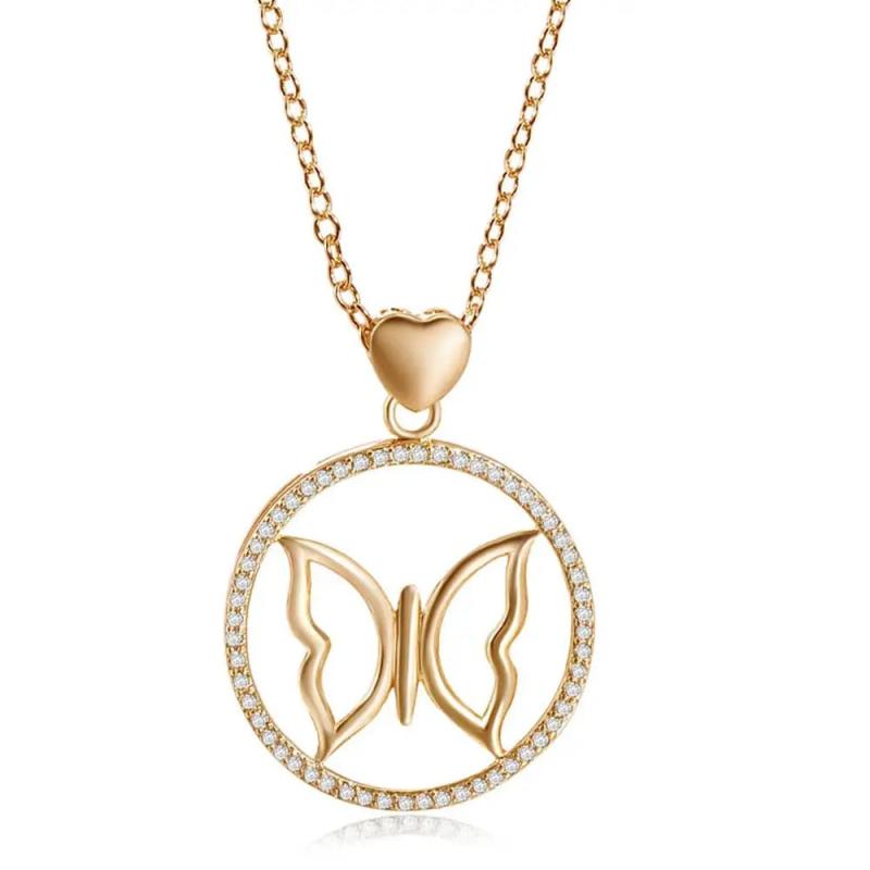 Butterfly Women Pendant Necklace Round Zircon Stone Boho Female Necklace