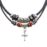 Tribal Leather Necklace Vintage Wood Beads Choker for Cross Pendant