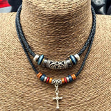 Tribal Leather Necklace Vintage Wood Beads Choker for Cross Pendant