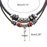 Tribal Leather Necklace Vintage Wood Beads Choker for Cross Pendant