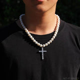 Vintage Pearl Necklace Crystal Cross Choker