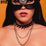 Gothic Leather Choker Necklace with Chain Punk Rivet Collar