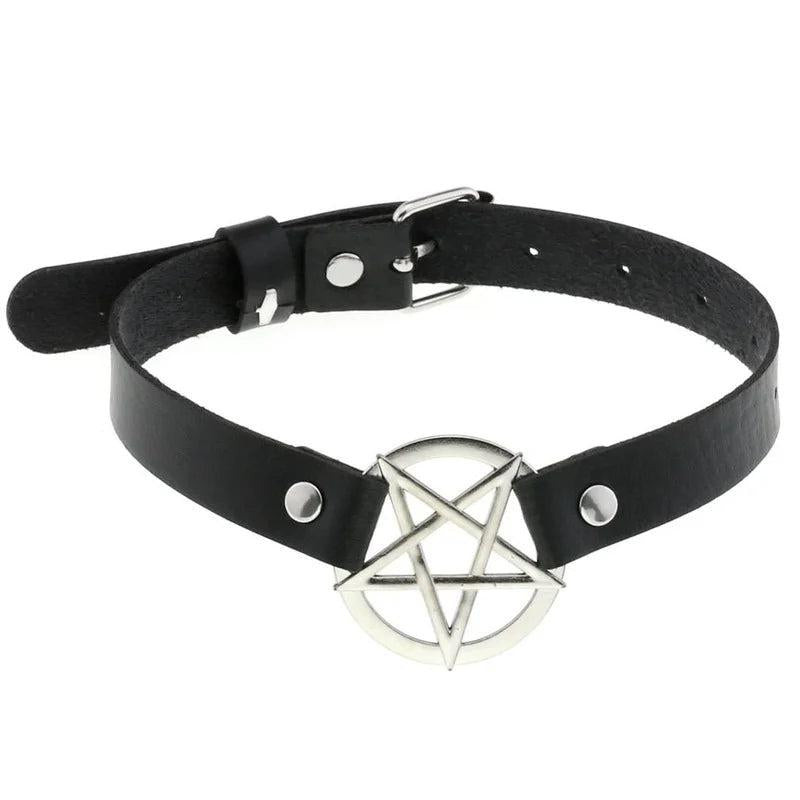 Leather Choker Punk Pentagram Collar Necklace Women Girls Goth Accessories