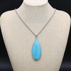 Turquoise Water Droplet Charm Necklace, Silvery Edge Pendant Jewelry Gift