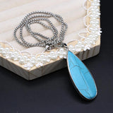 Turquoise Water Droplet Charm Necklace, Silvery Edge Pendant Jewelry Gift