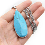 Turquoise Water Droplet Charm Necklace, Silvery Edge Pendant Jewelry Gift