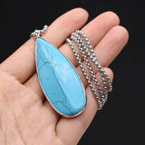 Turquoise Water Droplet Charm Necklace, Silvery Edge Pendant Jewelry Gift