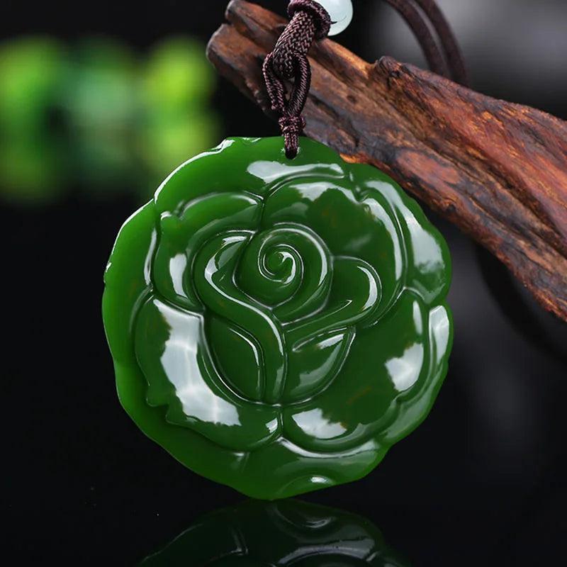 Green Jade Rose Flower Pendant Necklace Hand-carved Charm Jadeite Jewelry