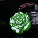 Green Jade Rose Flower Pendant Necklace Hand-carved Charm Jadeite Jewelry