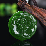 Green Jade Rose Flower Pendant Necklace Hand-carved Charm Jadeite Jewelry