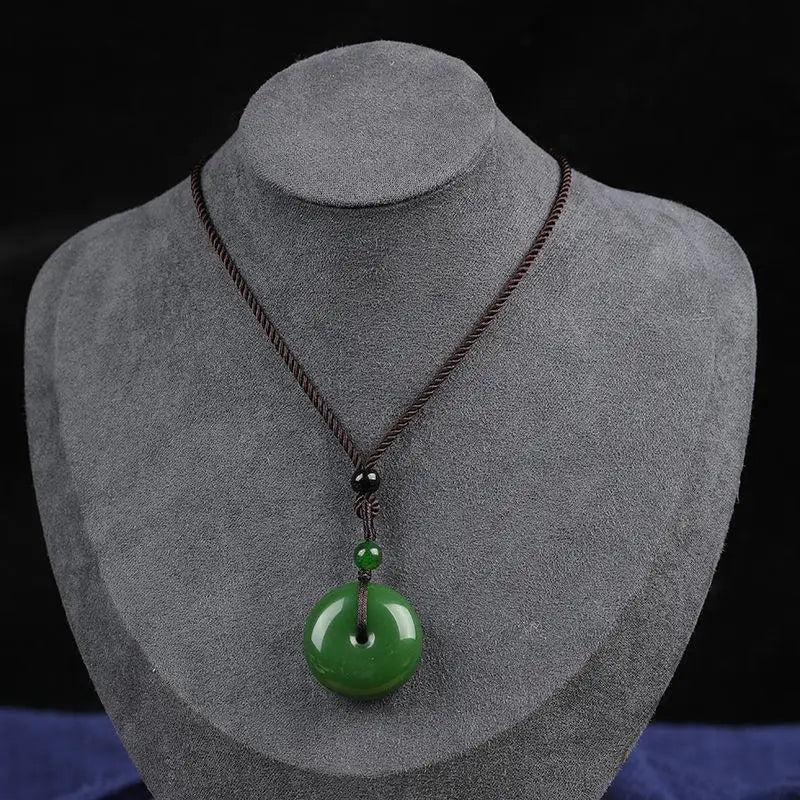 Green Jade Donut Pendant Necklace Rope Chain Healing Jewelry