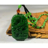 Green Jade Dragon Pendant Necklace Hand-Carved Luck Amulet Sweater Chain
