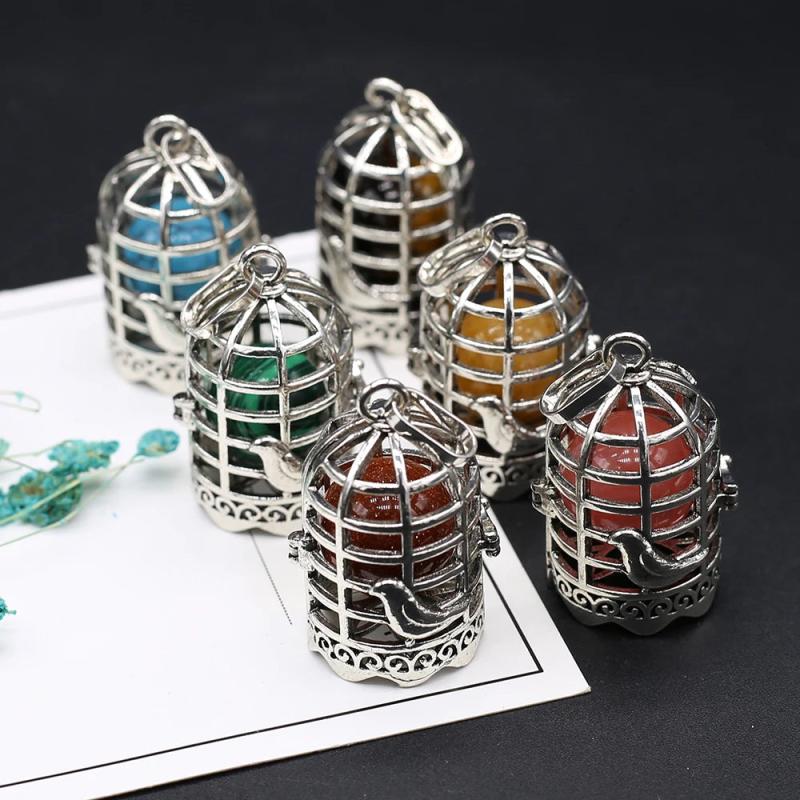 Women Necklace Pendant Natural Stone Birds Cage Pendant