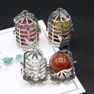 Women Necklace Pendant Natural Stone Birds Cage Pendant