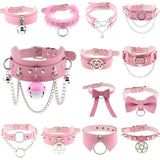 Harajuku Bowknot Ball Heart Choker Necklace Gothic Pink PU Leather