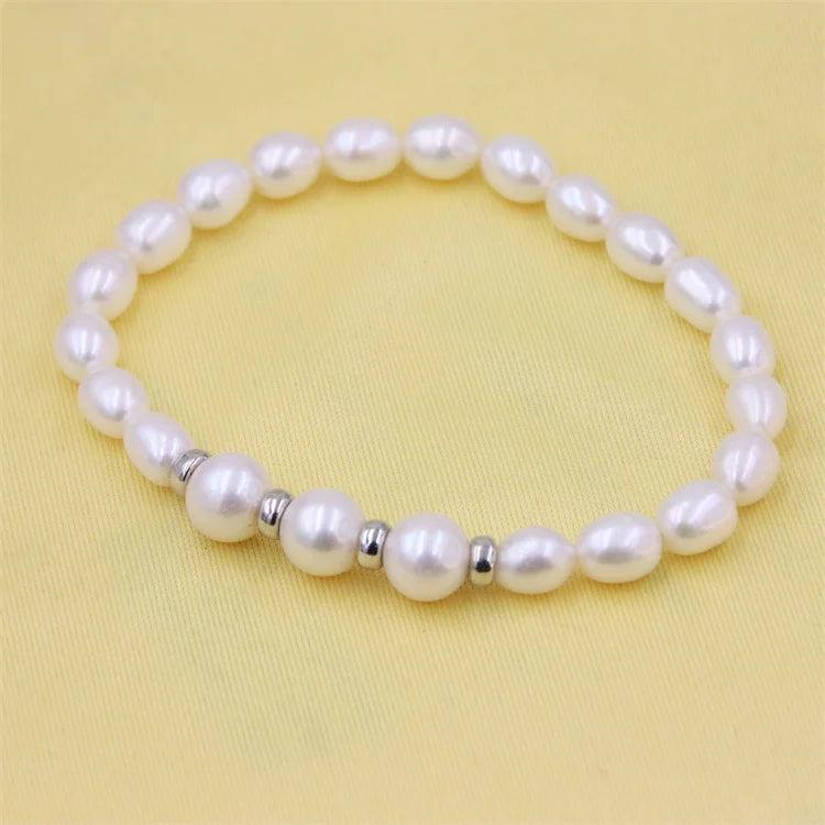 S925 Sterling Silver Round Rice Freshwater Pearl Bracelet