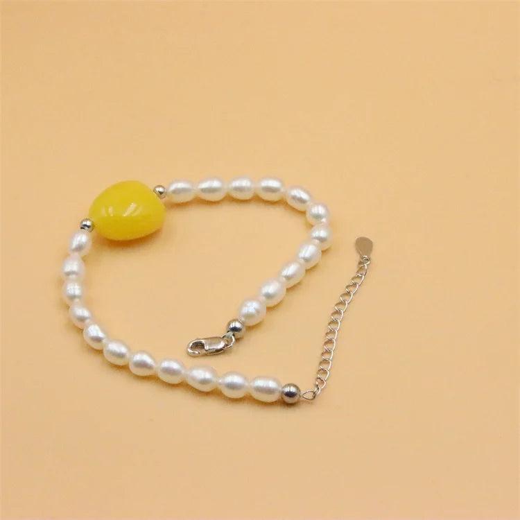 925 Silver Freshwater Pearl Heart Amber Bracelet