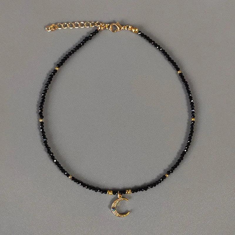 Beaded Necklace Moon Pendant Choker Women Multicolor