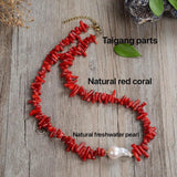Red Coral Chip Stone Necklace with Stainless Steel Accessories