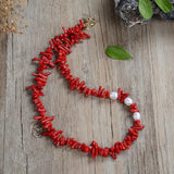 Red Coral Chip Stone Necklace with Stainless Steel Accessories