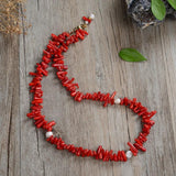 Red Coral Chip Stone Necklace with Stainless Steel Accessories
