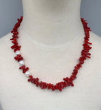 Red Coral Chip Stone Necklace with Stainless Steel Accessories
