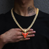 Retro Micro-Inlaid Zircon Bull Head Pendant Necklace with Cuban Chain