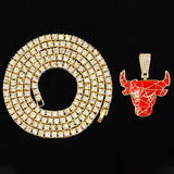 Retro Micro-Inlaid Zircon Bull Head Pendant Necklace with Cuban Chain