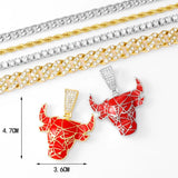 Retro Micro-Inlaid Zircon Bull Head Pendant Necklace with Cuban Chain