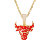 Retro Micro-Inlaid Zircon Bull Head Pendant Necklace with Cuban Chain
