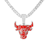 Retro Micro-Inlaid Zircon Bull Head Pendant Necklace with Cuban Chain