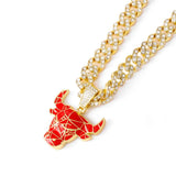 Retro Micro-Inlaid Zircon Bull Head Pendant Necklace with Cuban Chain