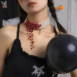 Gothic Pearl & Bloody CCB Beads Choker Necklace Punk Layered Chain Collar
