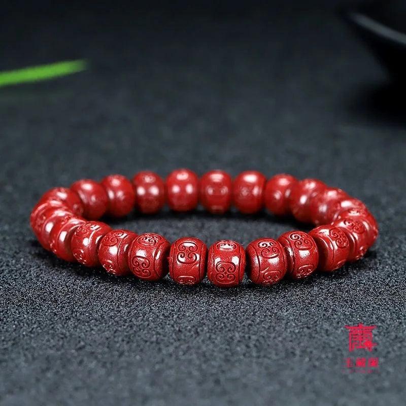 Chinese Red Cinnabar Carving Beads Bracelet Luck Amulet Jewelry