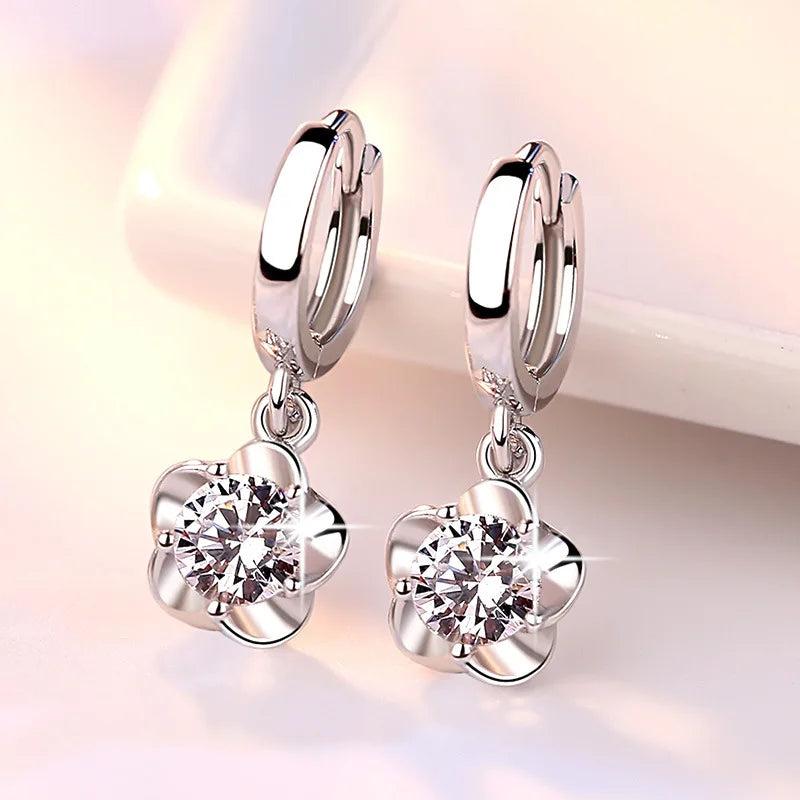 925 Silver Plum Flower Earrings Zircon Purple Crystal Wedding Jewelry