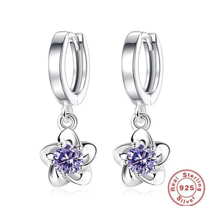 925 Silver Plum Flower Earrings Zircon Purple Crystal Wedding Jewelry