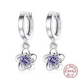 925 Silver Plum Flower Earrings Zircon Purple Crystal Wedding Jewelry