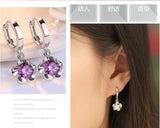 925 Silver Plum Flower Earrings Zircon Purple Crystal Wedding Jewelry