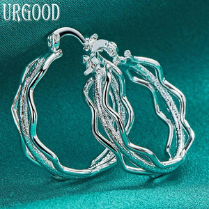 925 Silver Frosted Circle Hoop Earrings Women Party Jewelry