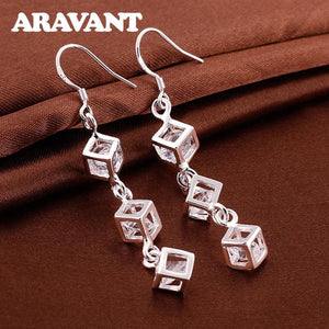 925 Silver Cube Long Earring Women Fine Jewelry