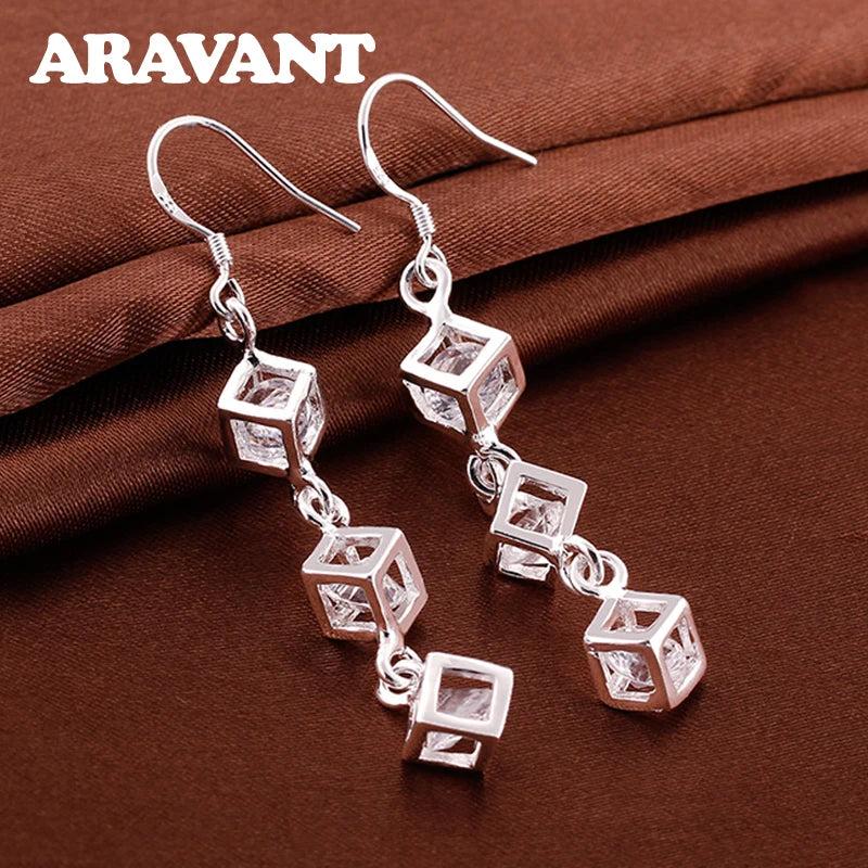 925 Silver Cube Long Earring Women Fine Jewelry