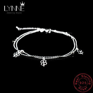 925 Sterling Silver Double Layer Anklet Lucky Clover Pendant Bracelet