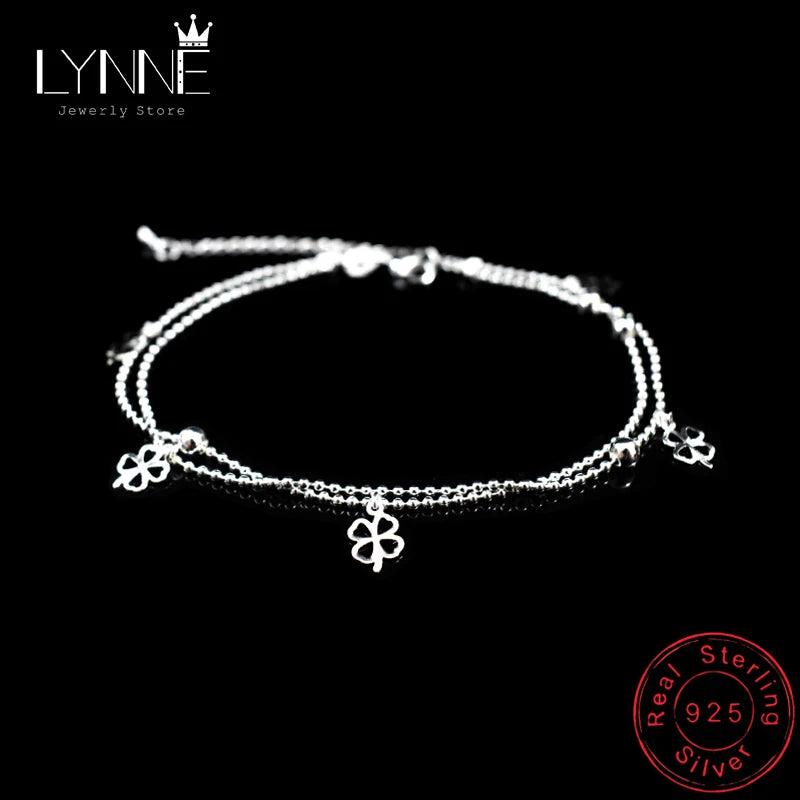 925 Sterling Silver Double Layer Anklet Lucky Clover Pendant Bracelet