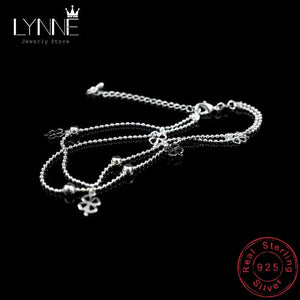 925 Sterling Silver Double Layer Anklet Lucky Clover Pendant Bracelet