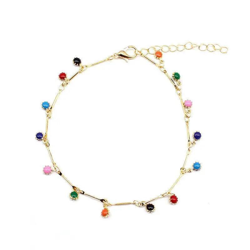 925 Silver Colorful Round Bead Anklet Geometric Chain Gift For Women