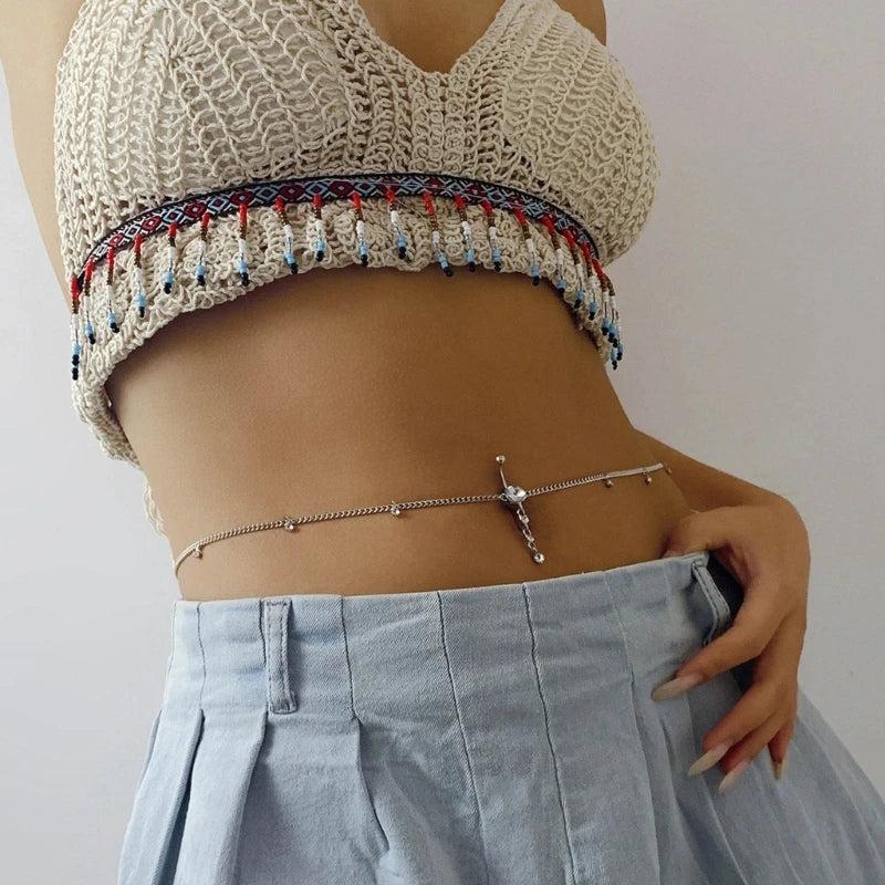 4XBF Rhinestone Dangle Belly Chain Navel Piercing Rings Body Jewelry